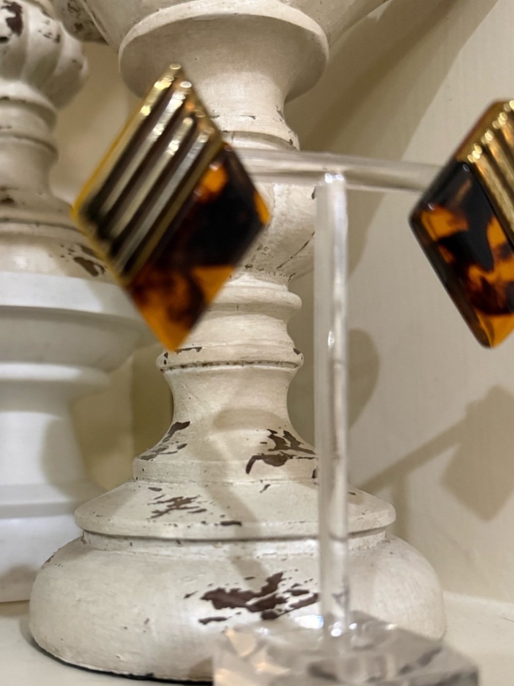 Vintage Plastic Tortoise Shell Diamond Shape Earrings with Gold Accents - Picture 3 of 9